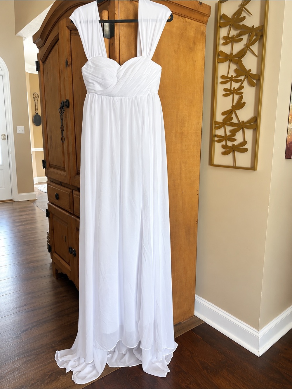White Chiffon Empire Waist Wedding Dress with Wide Straps with Corset Back
